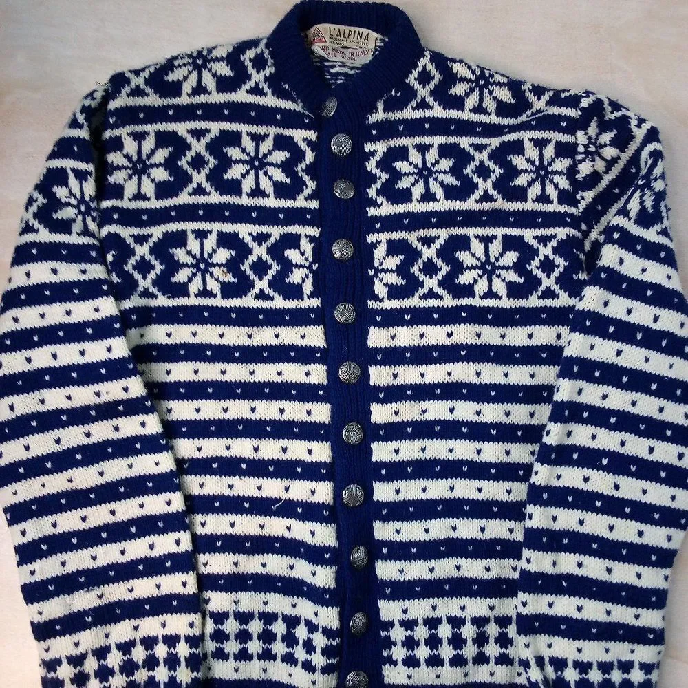 Vintage L'Alpina Striped Nordic Pattern Wool Cardigan Sweater - Picture 2 of 5